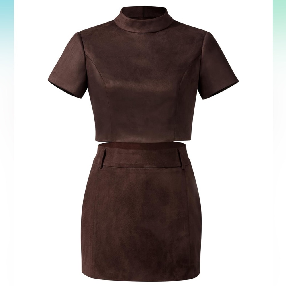 ✨NWT JW PEI Grace Faux Suede Crop Top and Mini Skirt Set Chocolate Brown Chic